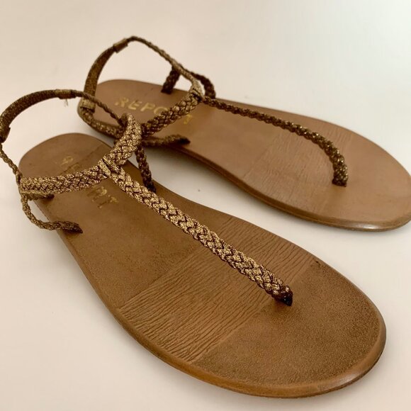 REPORT Gold Bronze Braided T-Strap Thong Flat Slingback Sandal Women's Size 8.5 - Picture 2 of 4